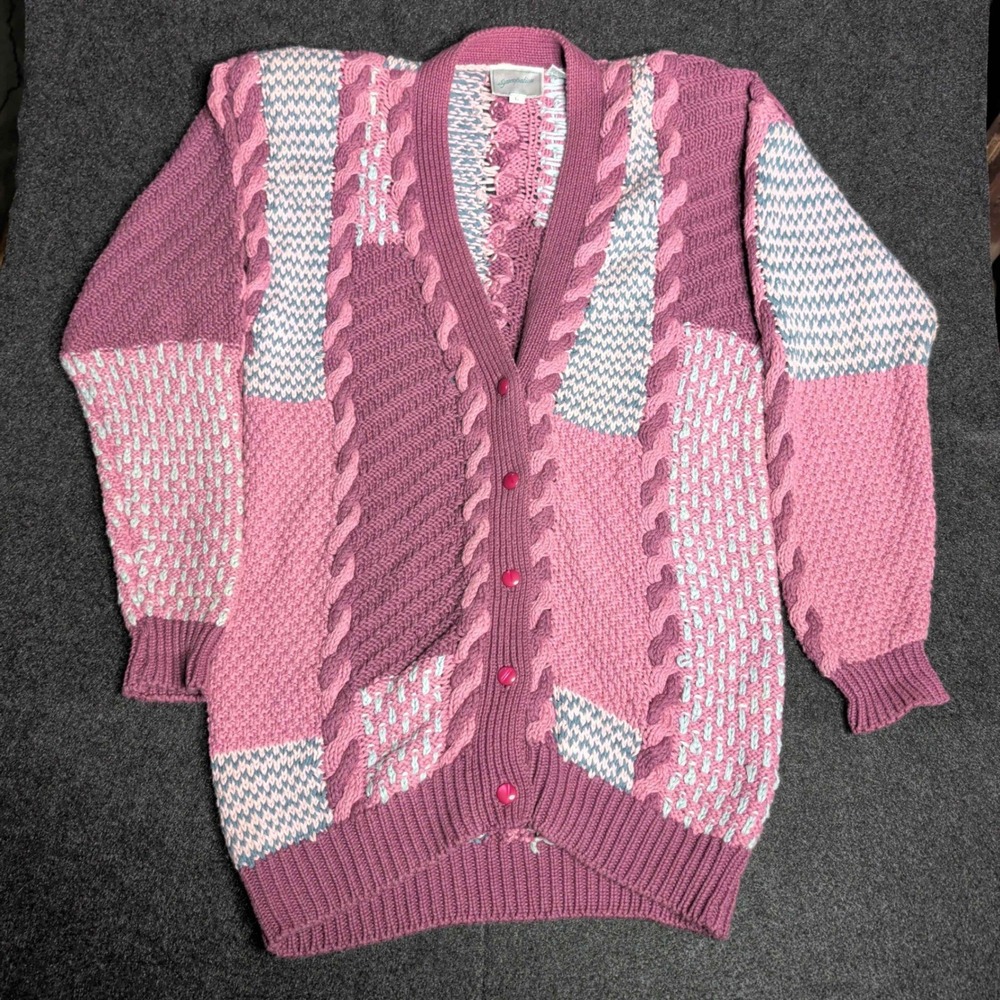 Syncopation Cardigan Sweater Womens Large Pink Patchwork Cable Knit Vintage